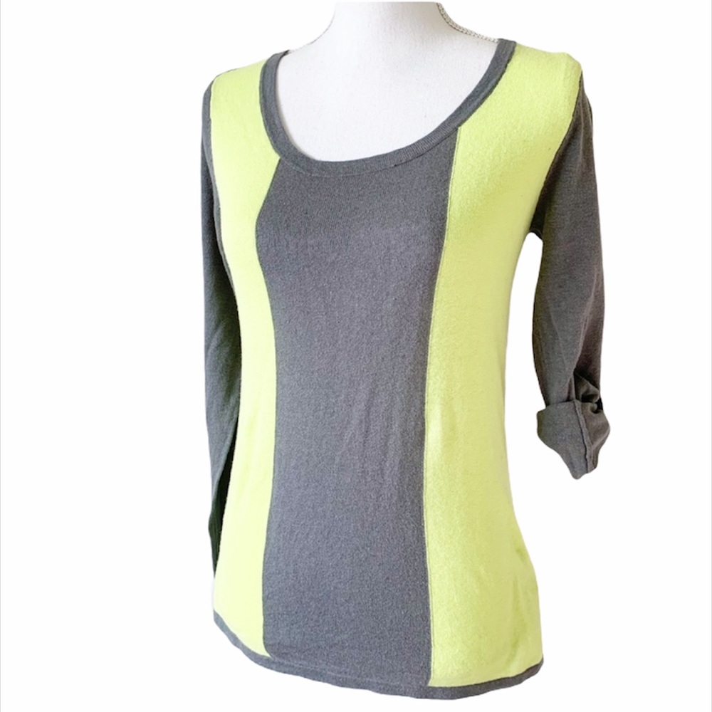 Horny Toad Sweater Women Small Striped Gray Lime Knit Linen Roll Tab Lightweight